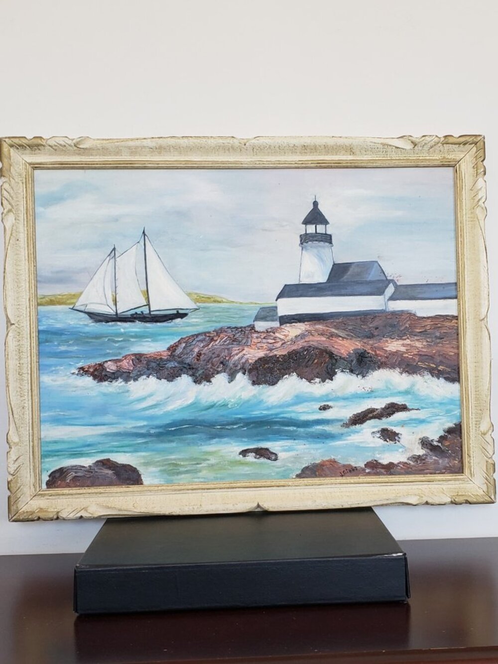 Naive maritime oil untitled "Lighthouse & Schooner" by J. Gibbs 1960's 18"x 24"